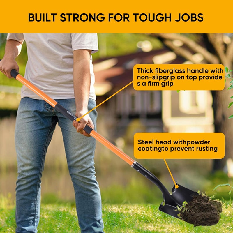 wangyanhao Heavy Duty Garden Shovel, 58-Inch Long Handle, Steel Head with Orange Fiberglass Handle - Image 2